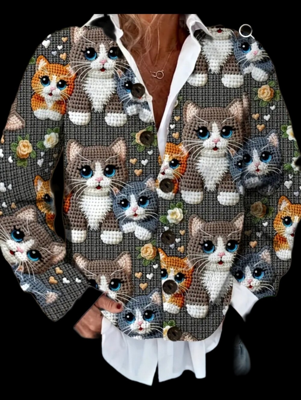 Women's Gray Cat Print Sweater Cardigan